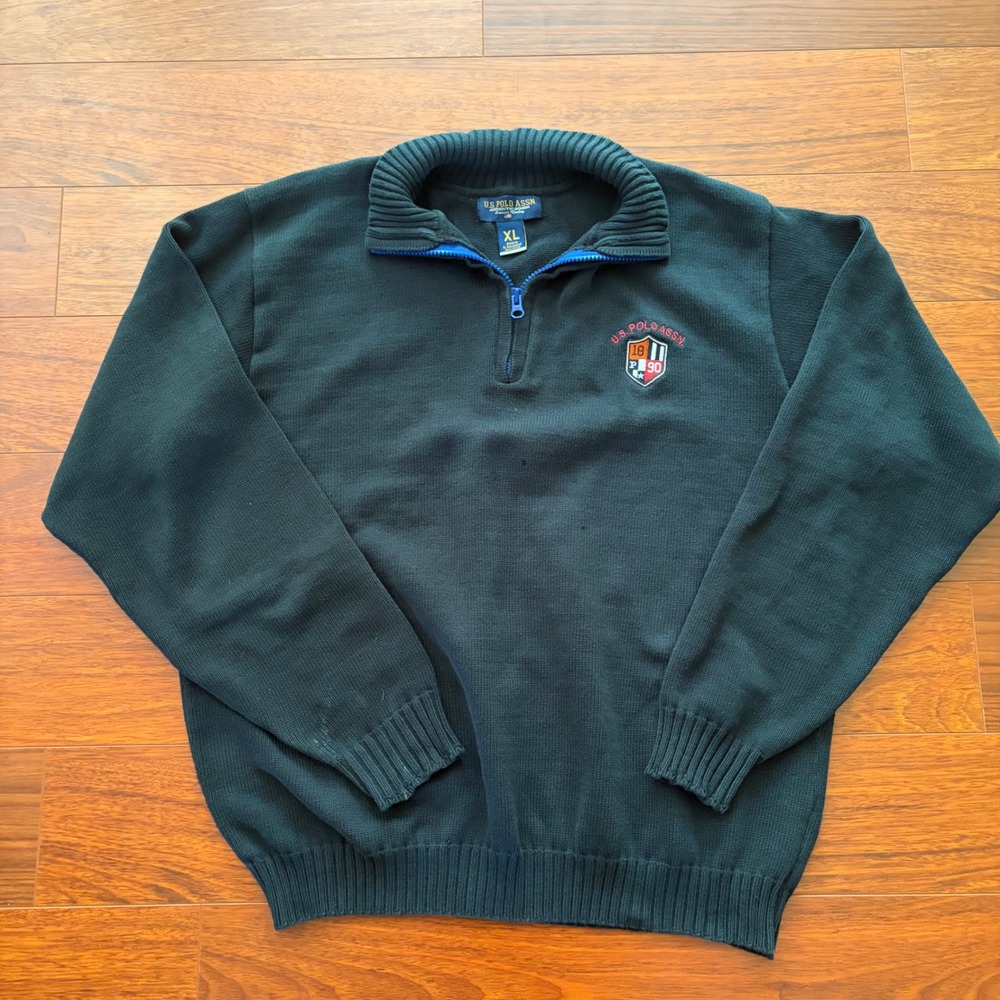 US Polo Assn Quarter Zip Pullover Sweater Crest Logo Green Cotton Mens XL